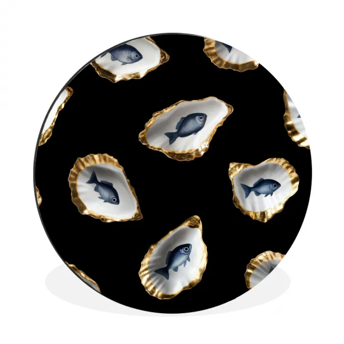 Oesters - Vissen - Blauw - Goud Wandcirkel aluminium klein -3d