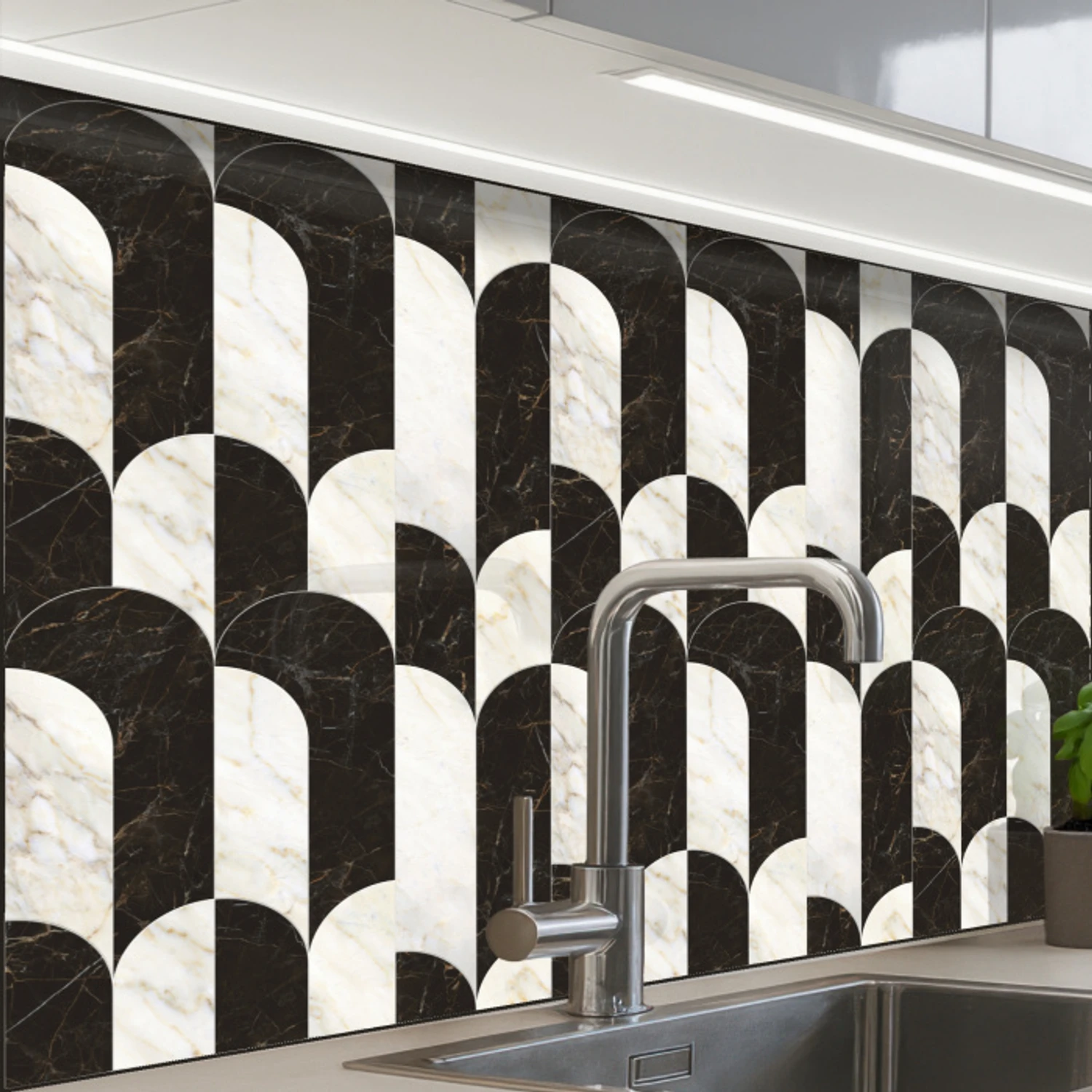 Bogen - Tegels - Marmer - Zwart - Wit keuken achterwand 2 middel 865 -zzzz3d_schuin