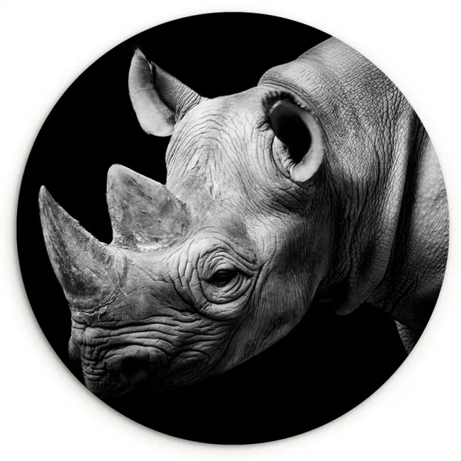 Dieren - Neushoorn - Zwart - Wit - Portret Wandcirkel kunststof plaat 5mm dik klein -3d