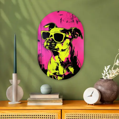 Hond - Zonnebril - Roze - Art Wandcirkel Ovaal Forex klein -sfeer2