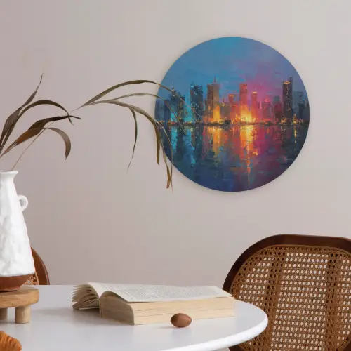 Skyline - Penseelstreken - Donkerblauw - Lichtgevend Akoestische PET Vilt - Rond klein -sfeer3