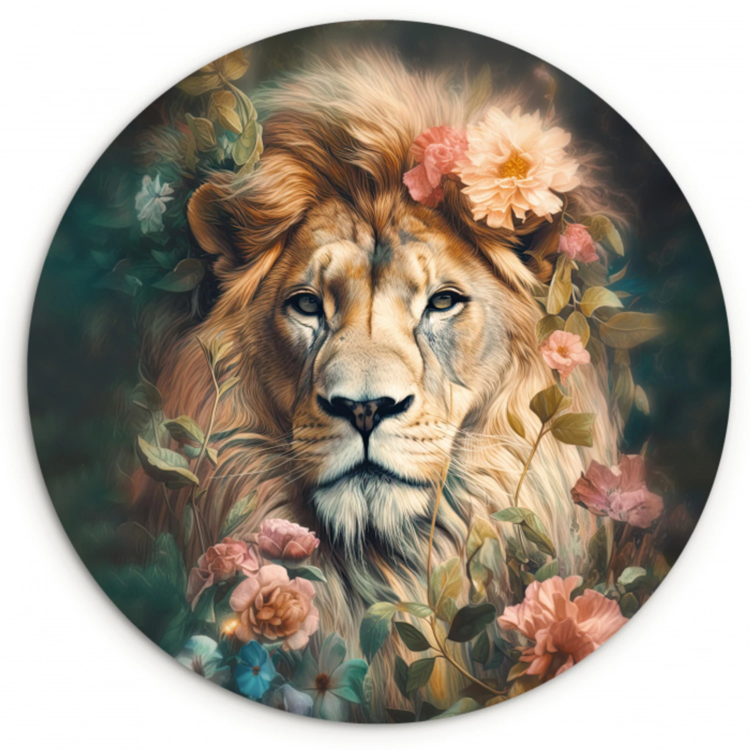 Leeuw - Leeuwenkop - Wilde dieren - Bloemen Wandcirkel kunststof plaat 5mm dik klein -3d