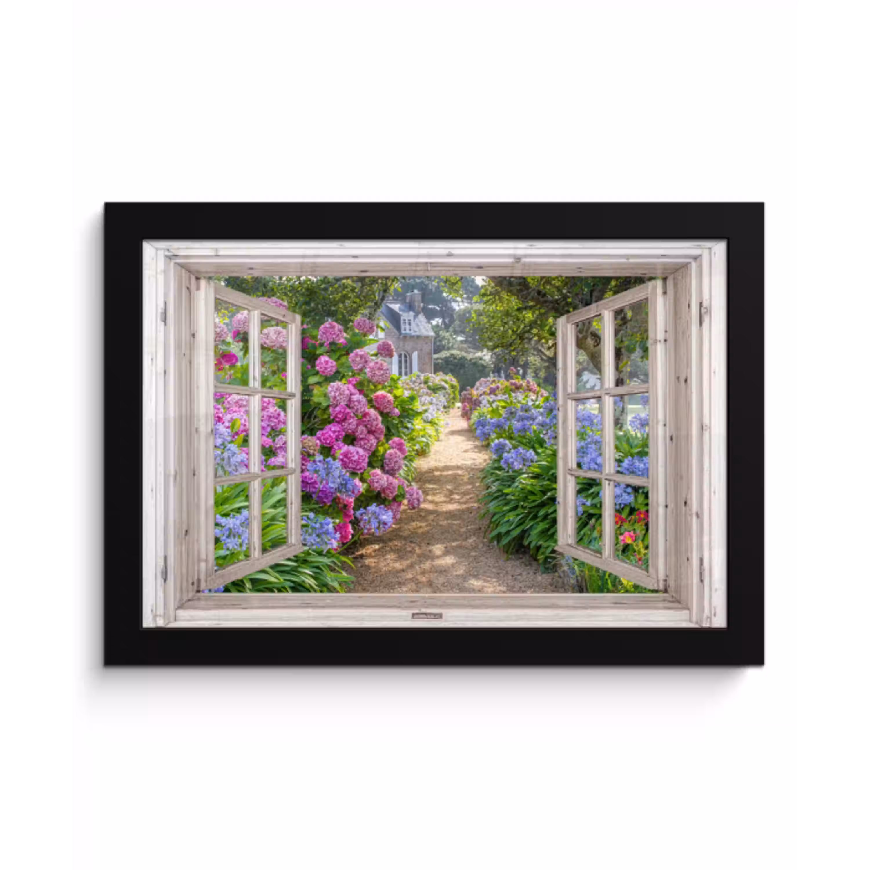 Hortensia - Doorkijk - Bloemen - Zomer - Paars - Pad fotolijst zwart zonder passe partout klein -3d