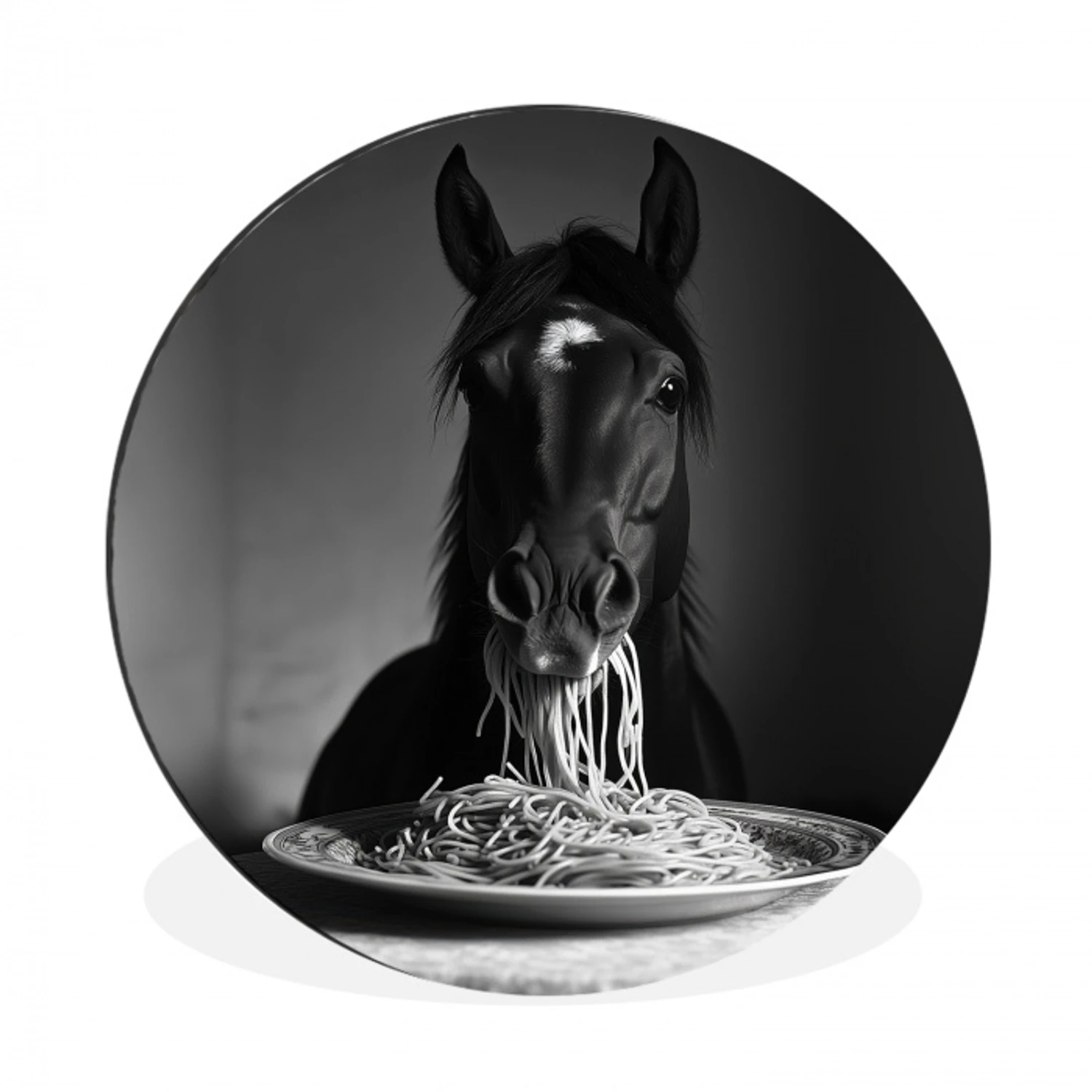 Paard - Bord - Pasta - Tafelkleed - Zwart Wit - Dieren Wandcirkel aluminium klein -3d