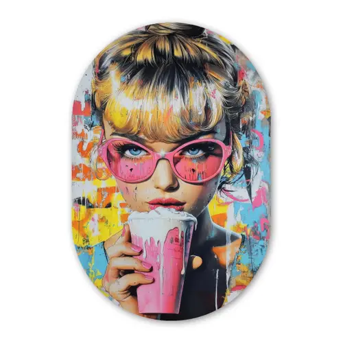 Expressief - Milkshake - Vrouw - Felle kleuren Wandcirkel Ovaal Forex klein -3d