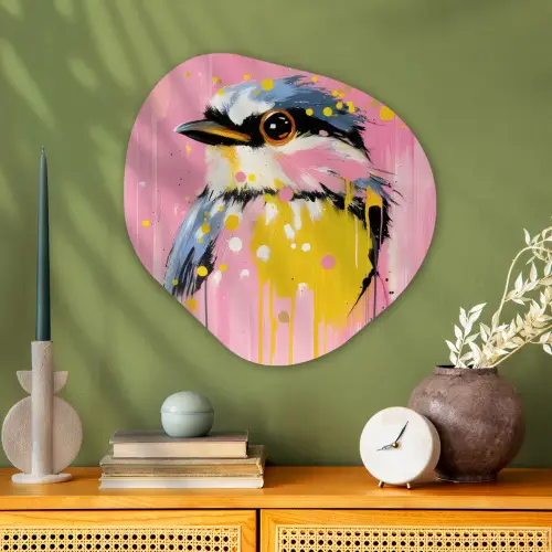 Vogel - Roze - Geel - Blauw Wandcirkel Organisch Aluminium middel -sfeer2