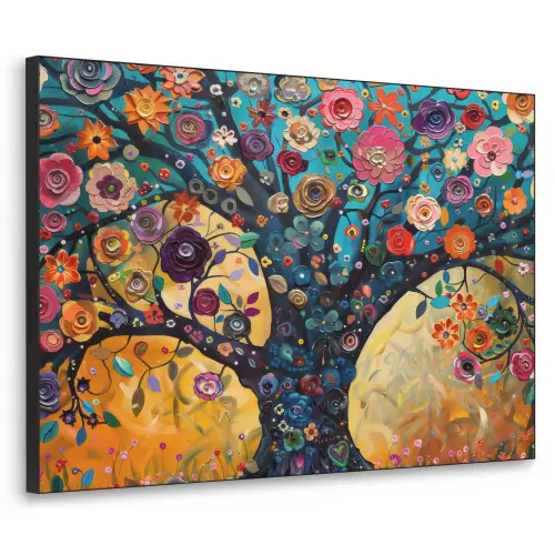 Boom - Levensboom - Kleurrijk - Bloemen - Modern Textielframe zwart klein -3d