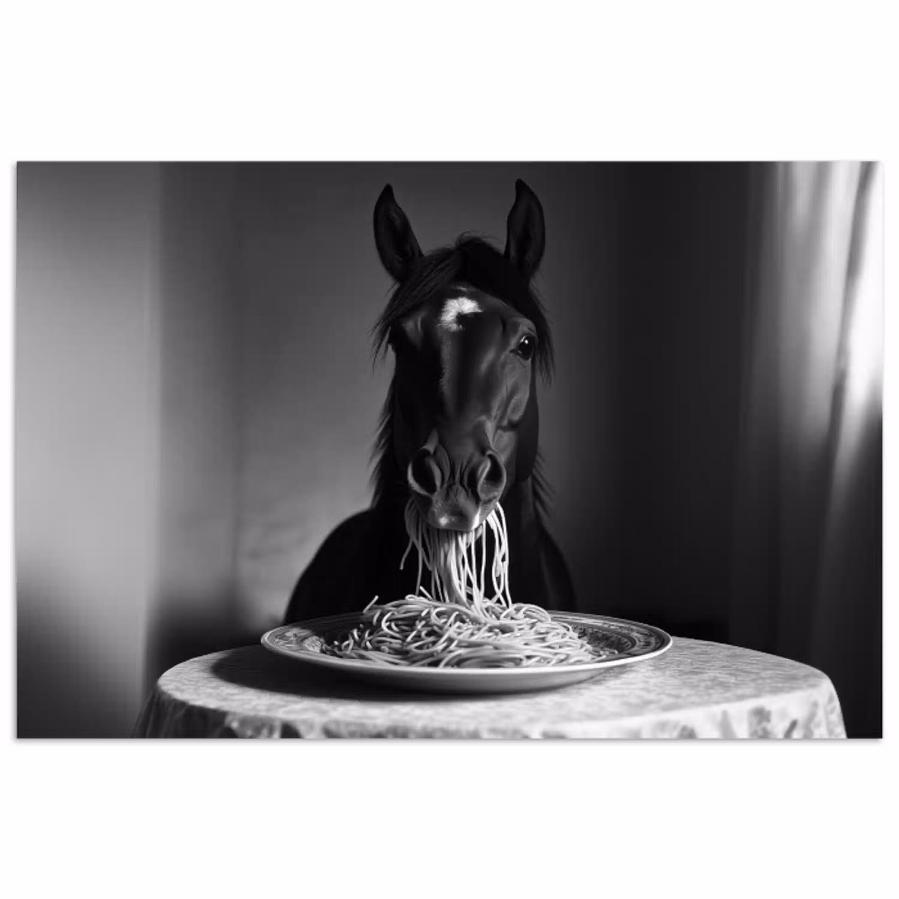 Paard - Bord - Pasta - Tafelkleed - Zwart Wit - Dieren poster papier klein -3d
