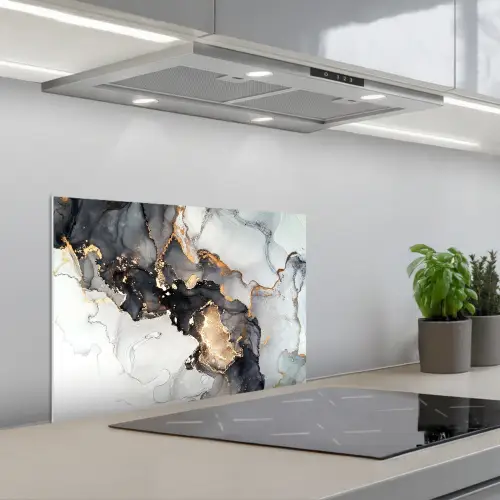 Marmer - Goud - Abstract - Zwart Wit - Luxe keuken achterwand spatscherm klein -3d_schuin