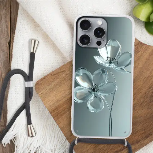 Kristal - Bloemen - Grijs Hoesje iPhone 16 Pro Max met koord klein -sfeer4