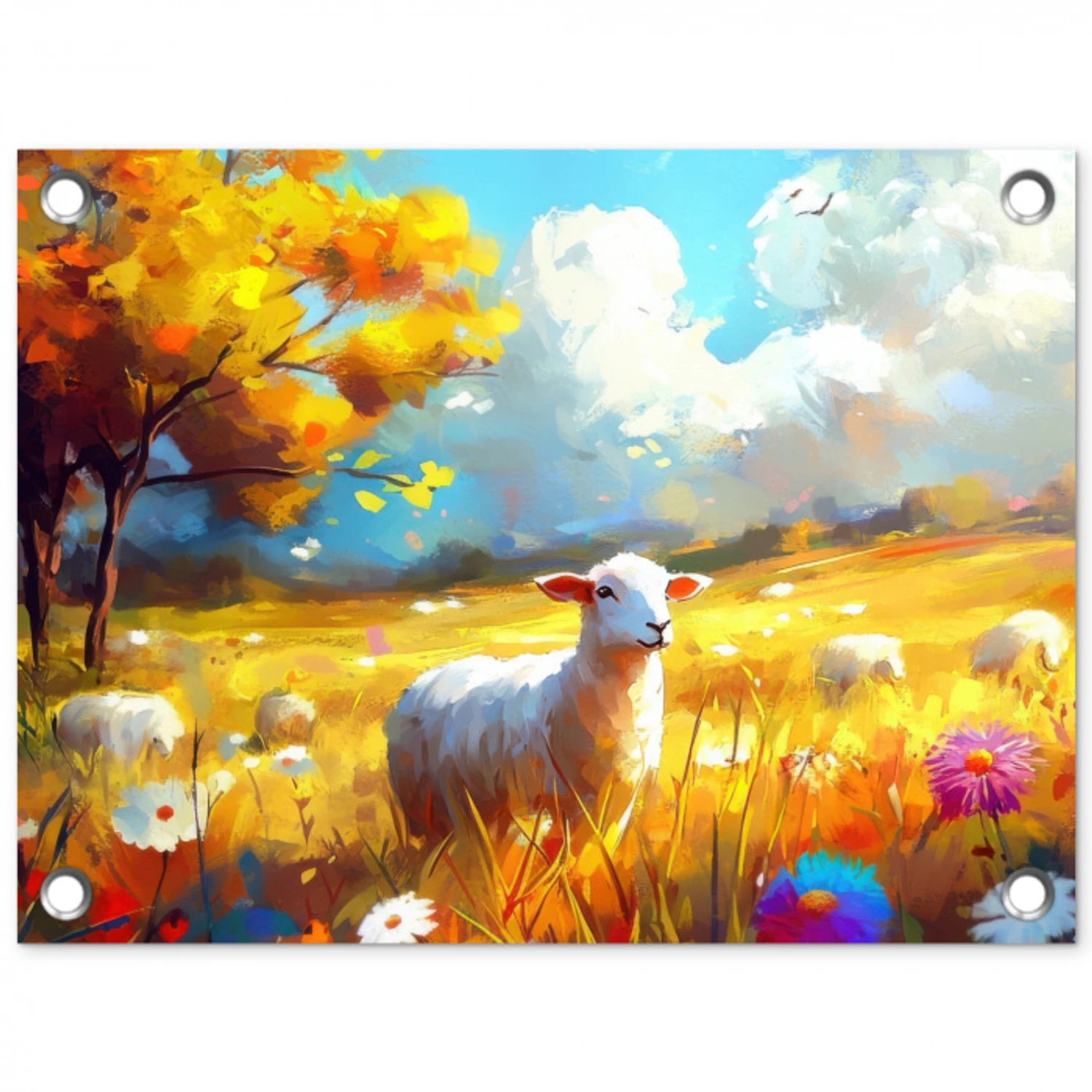 Schaap - Weide - Bloemen tuinposter los doek klein -3d