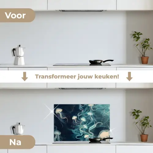 Kwallen - Zee - Wit - Golven keuken achterwand spatscherm klein -voor_na_NL