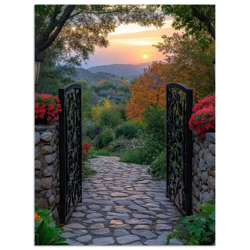 Landschap - Hek - Pad - Zonsondergang - Natuur poster papier klein -3d