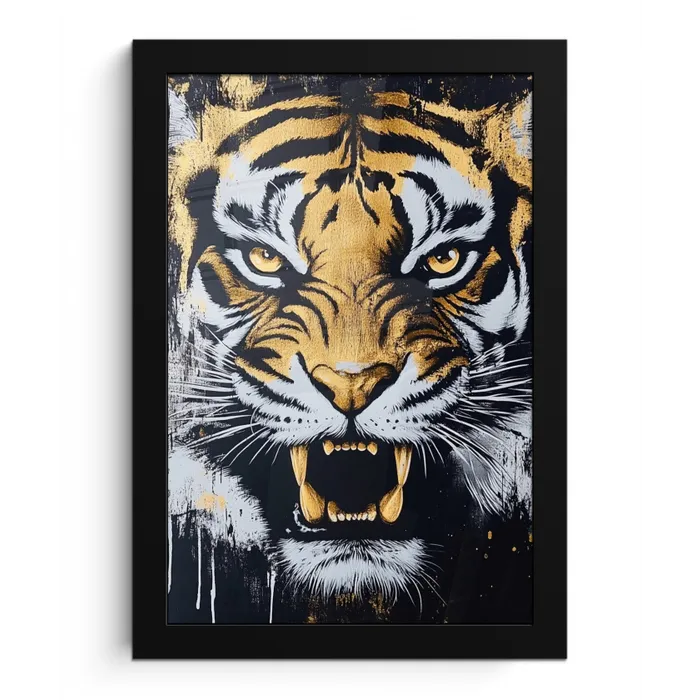 Tijger - Verfspatten - Goud fotolijst zwart zonder passe partout klein -3d