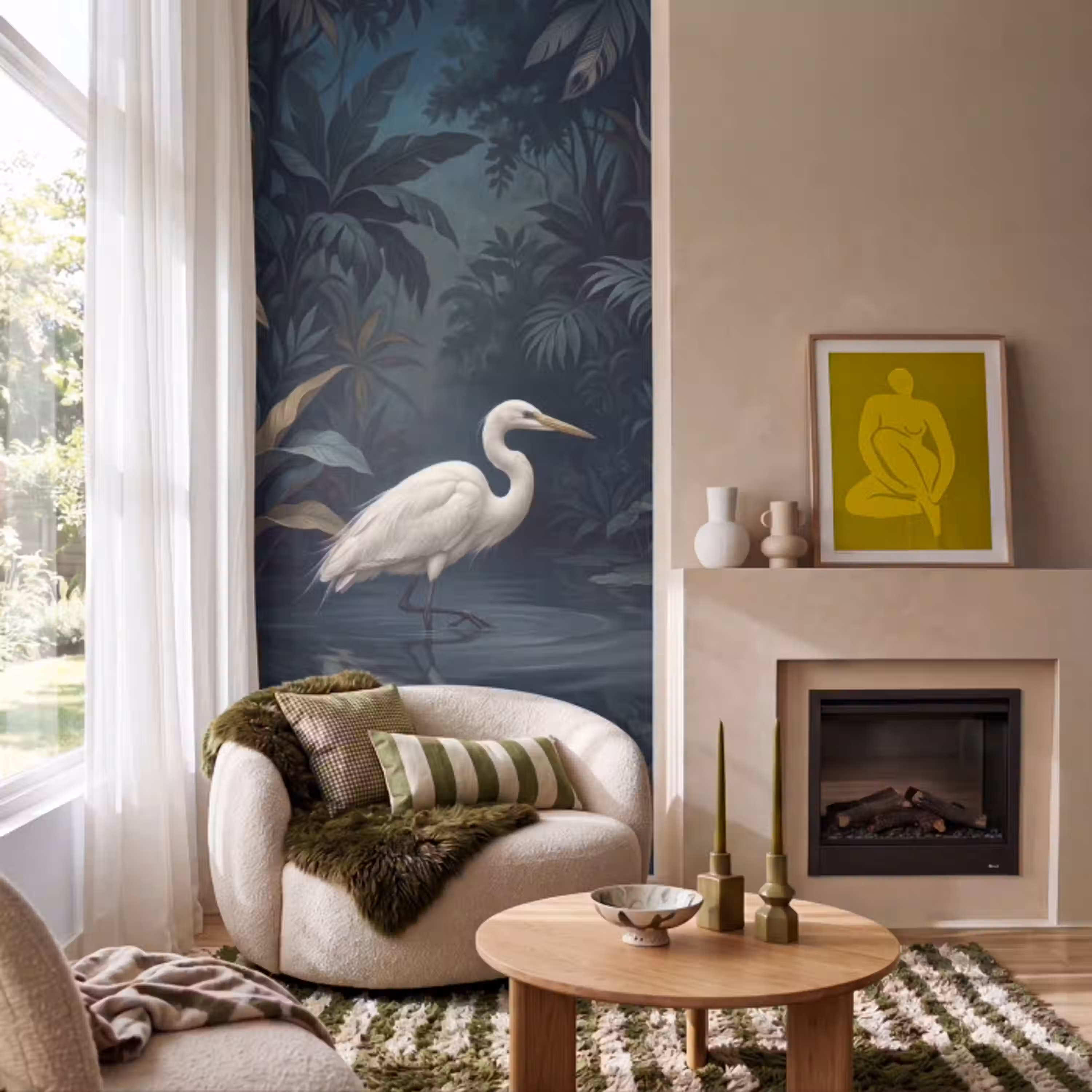 Reiger - Water - Natuur - Modern - Wit Behang Vlies klein -sfeer2