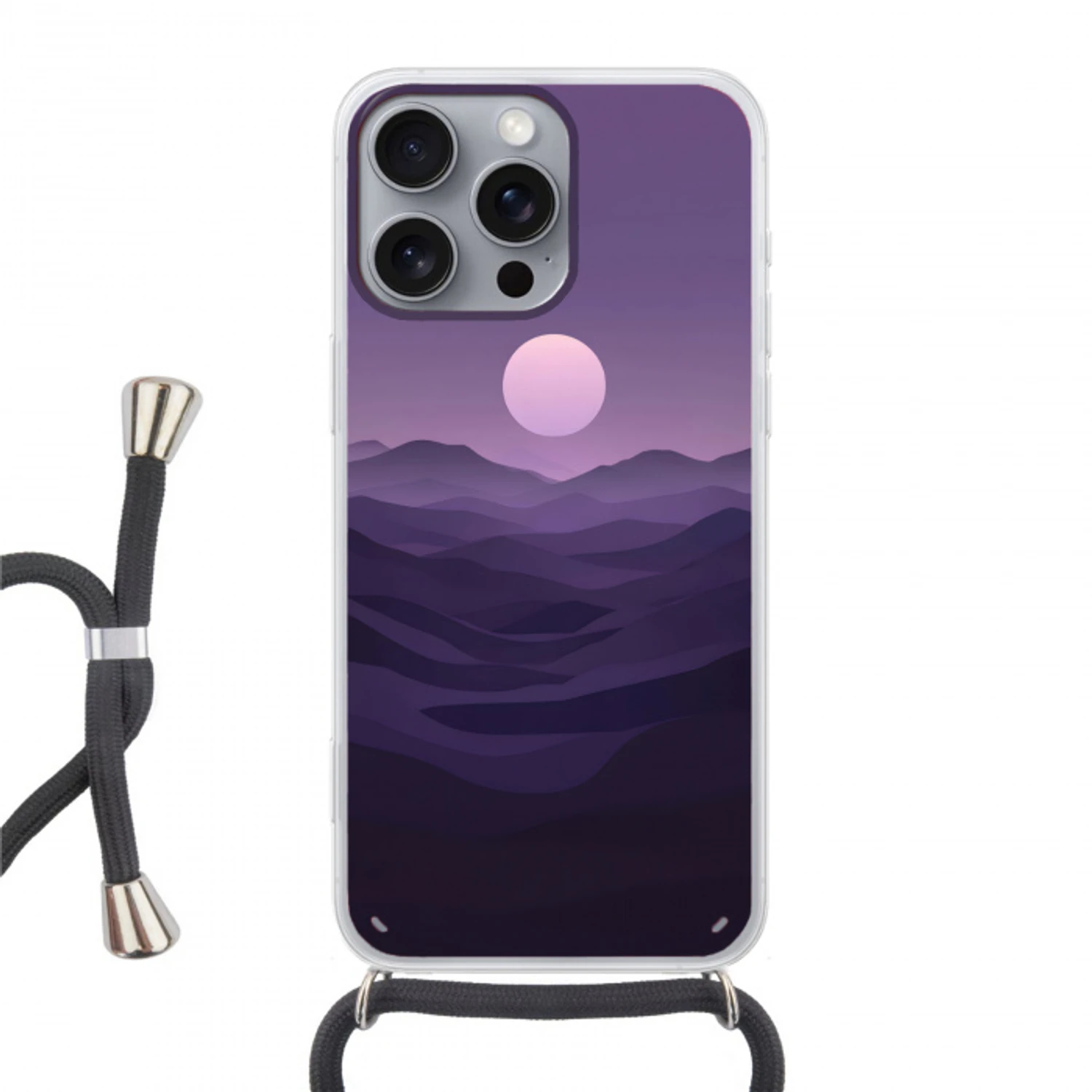 Heuvels - Paars - Mist - Zon Hoesje iPhone 16 Pro Max met koord klein -3d