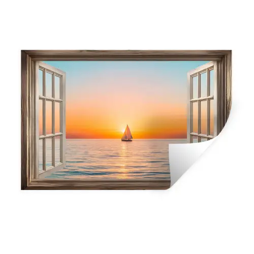 Doorkijk - Zee - Boot - Zonsondergang Muursticker klein -3d