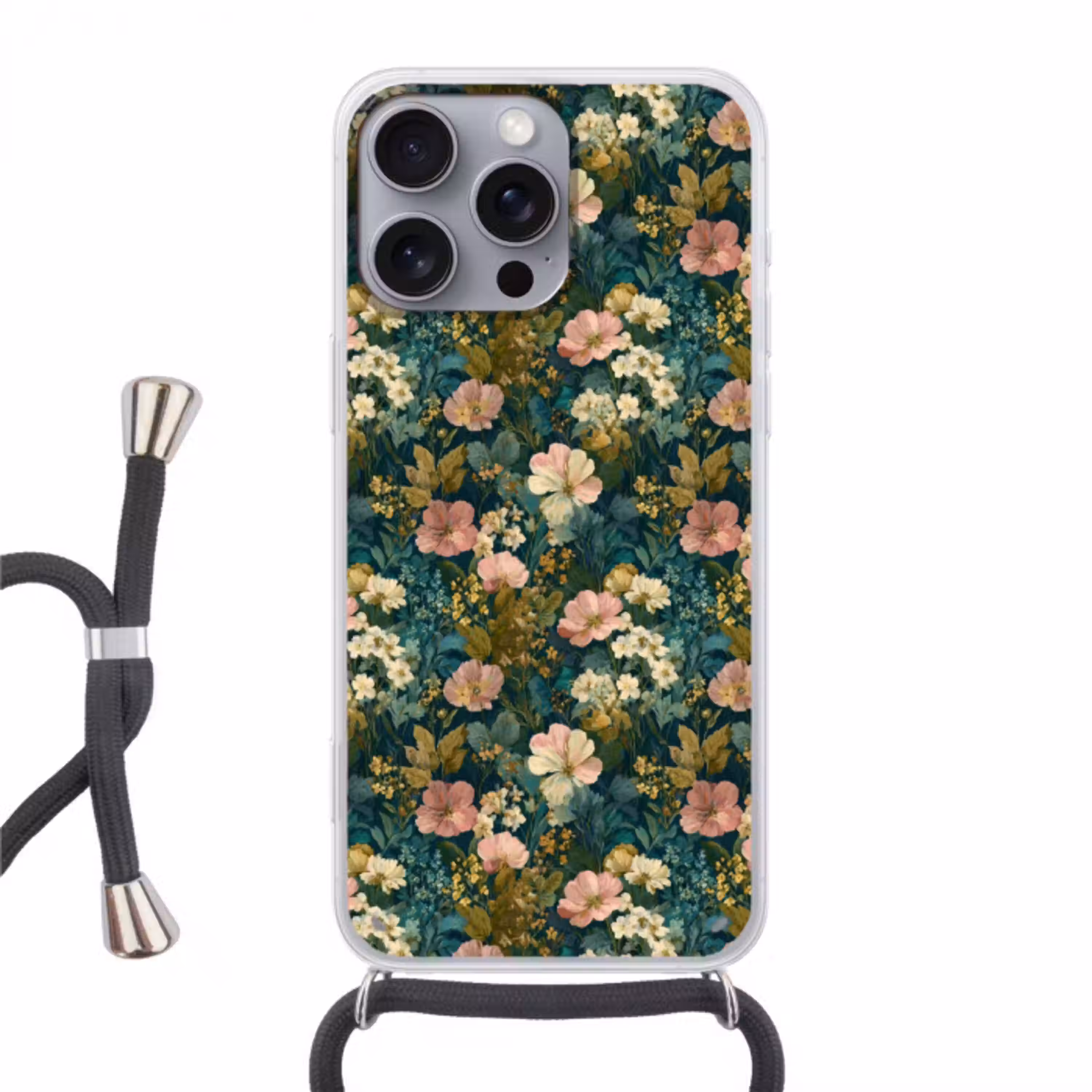 Wilde bloemen - Botanisch - Patroon - Roze - Romantisch Hoesje iPhone 16 Pro Max met koord klein 804 -3d