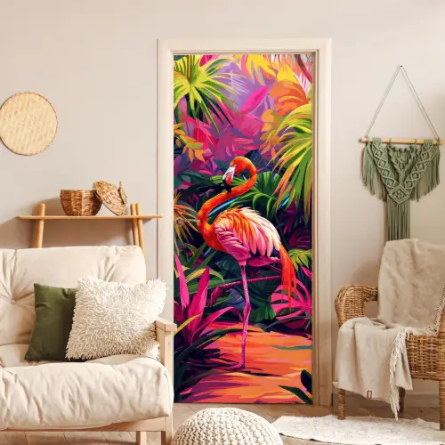 Flamingo - Tropisch - Dier - Bladeren deurposter klein -sfeer2