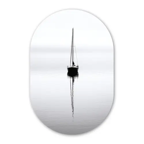 Zeilboot - Zwart - Water - Silhouet Wandcirkel Ovaal Glas middel -3d