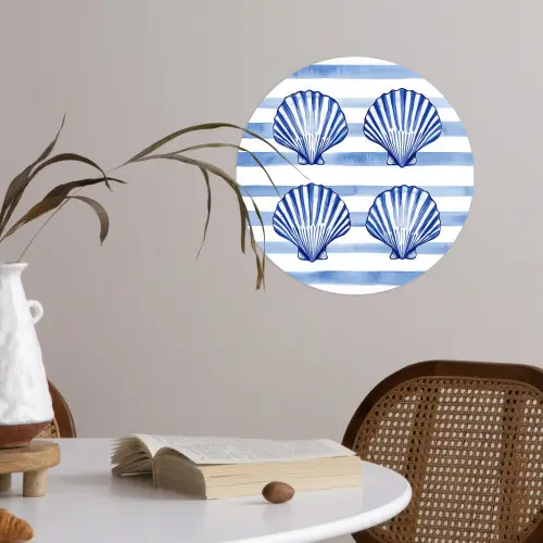 Vier schelpen - Blauw - Wit - Strepen Wandcirkel behangsticker klein -sfeer3