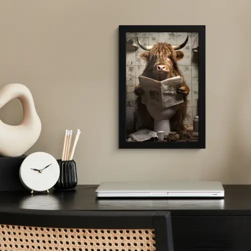 Schotse hooglander - Toilet - Krant - Badkamer fotolijst zwart zonder passe partout klein -sfeer1