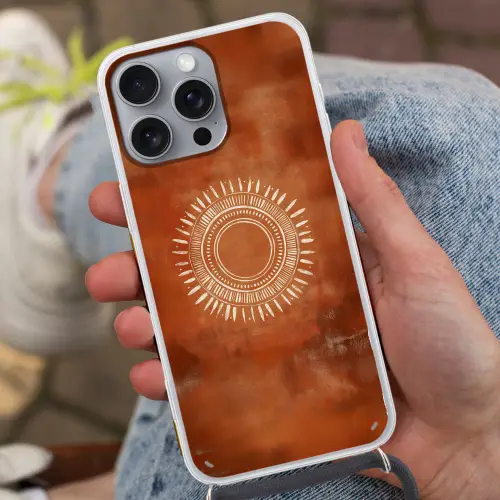Abstract - Lijnen - Zonnestralen - Roodbruin Hoesje iPhone 16 Pro Max met koord klein -sfeer3