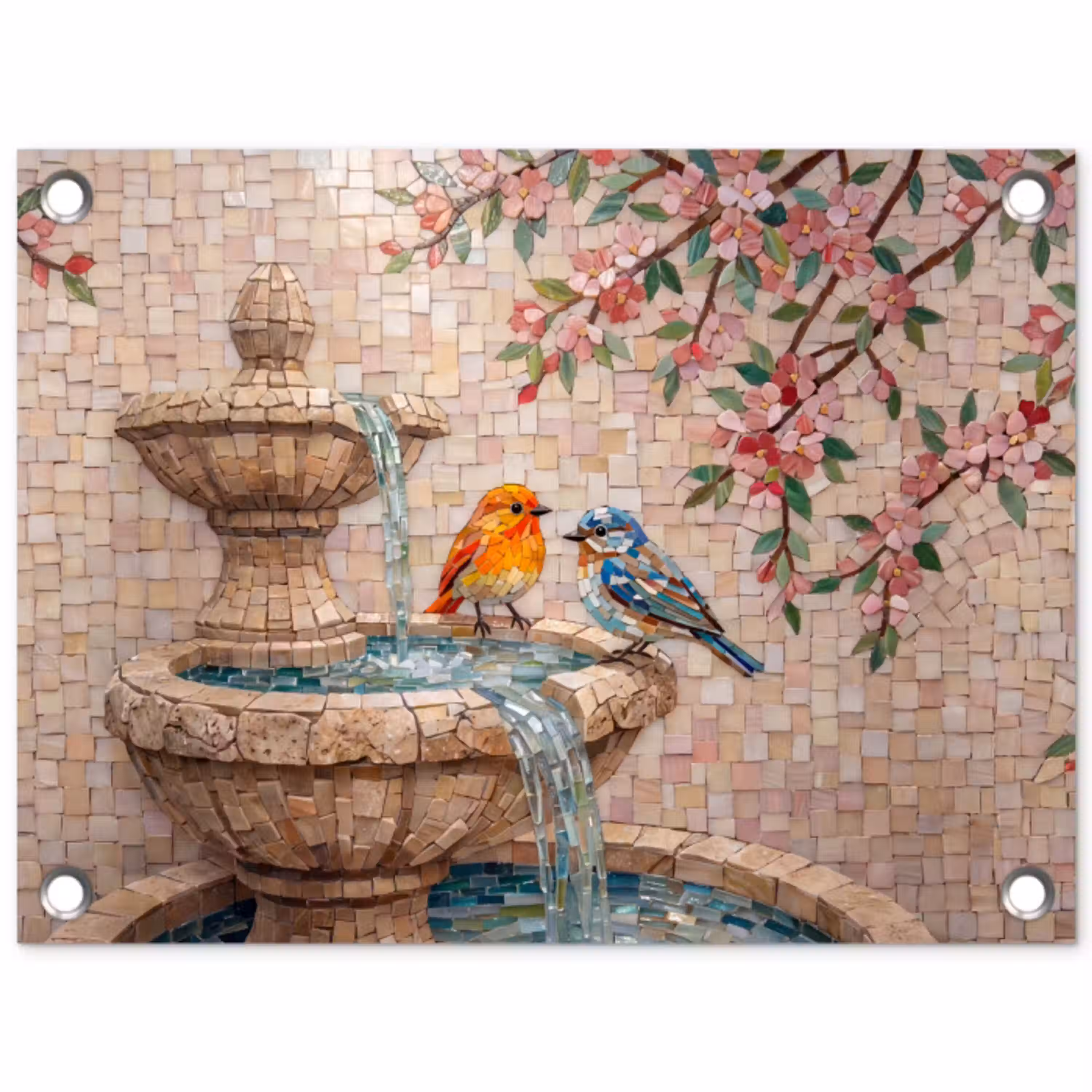 Vogel - fontein - mozaiek - kleurrijk - dieren tuinposter los doek klein -3d