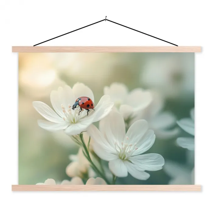 Lieveheersbeestje - Bloemen - Wit textielposter latten blank klein -3d