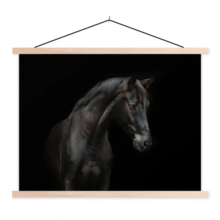Paard - Dieren - Zwart - Portret textielposter latten blank klein -3d