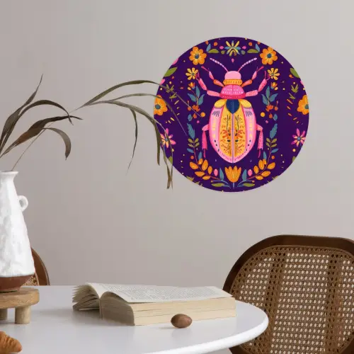 Kever - Felgekleurd - Bloemen - Bladeren Wandcirkel behangsticker klein -sfeer3