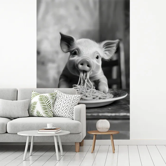 Varken - Schattig - Spaghetti - Zwart wit - Dier fotobehang vinyl groot -woonkamer
