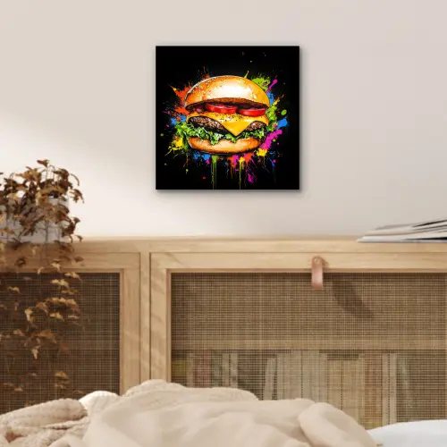 Hamburger - Graffiti - Verf - Kleurrijk - Eten - Abstract aluminium wit klein -sfeer3