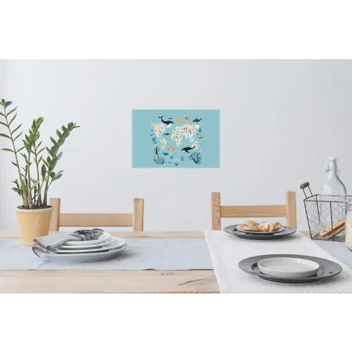 Wereldkaart - Zeeleven - Blauw Muursticker klein -eettafel