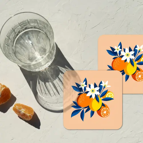 Illustratie - Sinaasappels - Donkerblauw - Bloemen onderzetter kurk middel -sfeer4