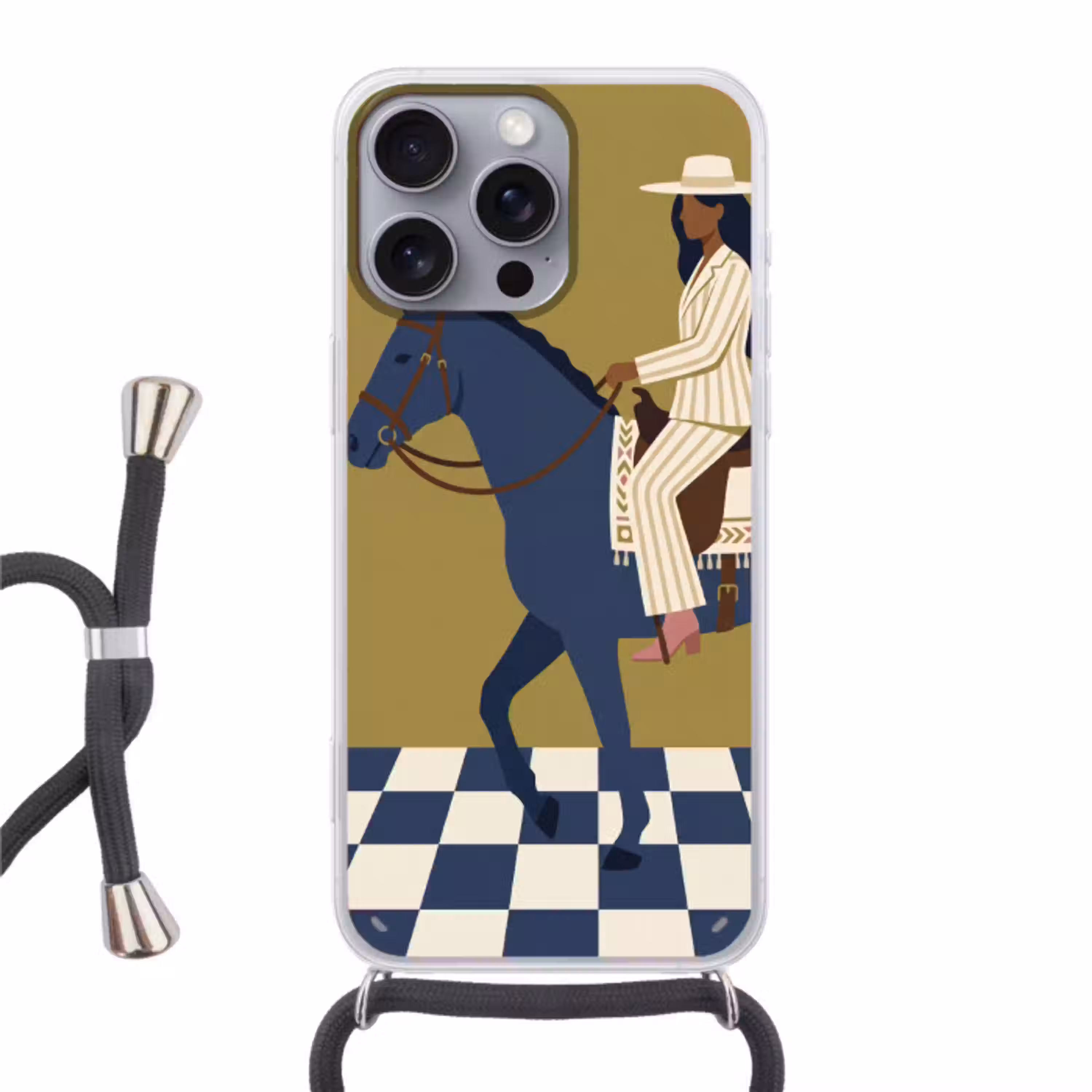 Vrouw - Paard - Rijden - Modern - Abstract Hoesje iPhone 16 Pro Max met koord klein -3d