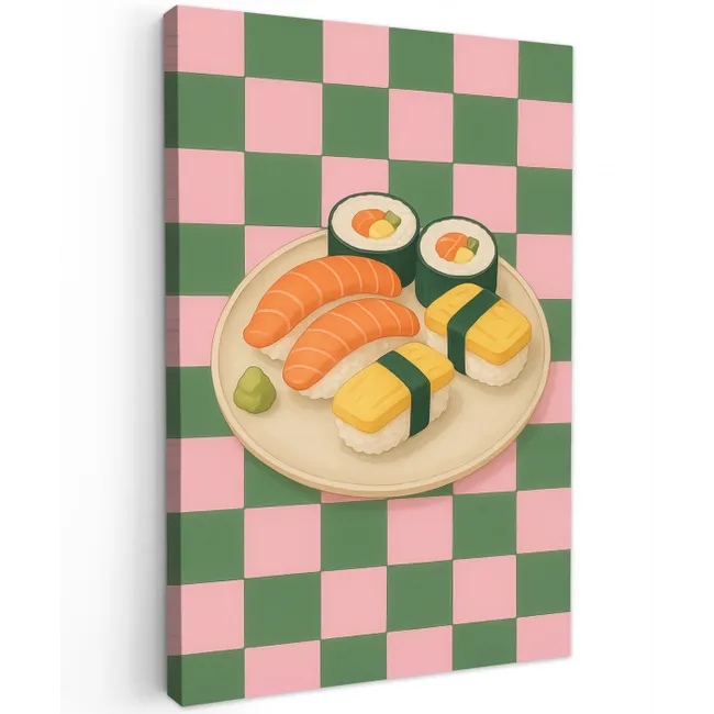 Sushi - Bord - Geblokt - Groen Tuinposter op houten frame 2 cm dik middel -3d