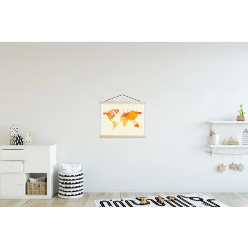 Wereldkaart - Oranje - Kleurrijk textielposter latten blank klein -kinderkamer