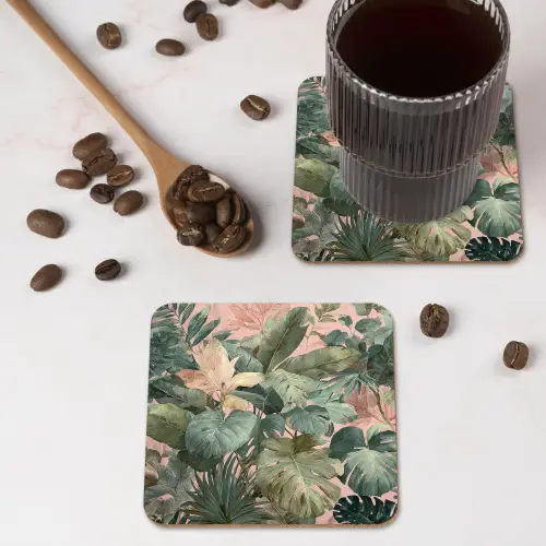 Compositie van bladeren - Groen - Roze onderzetter kurk middel -sfeer2