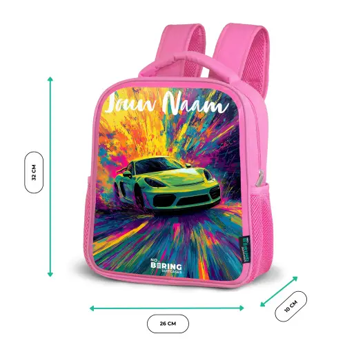 Sportauto - Groen - Verfstrepen - Kleuren Kinderrugzak - Roze middel -productfoto_formaten