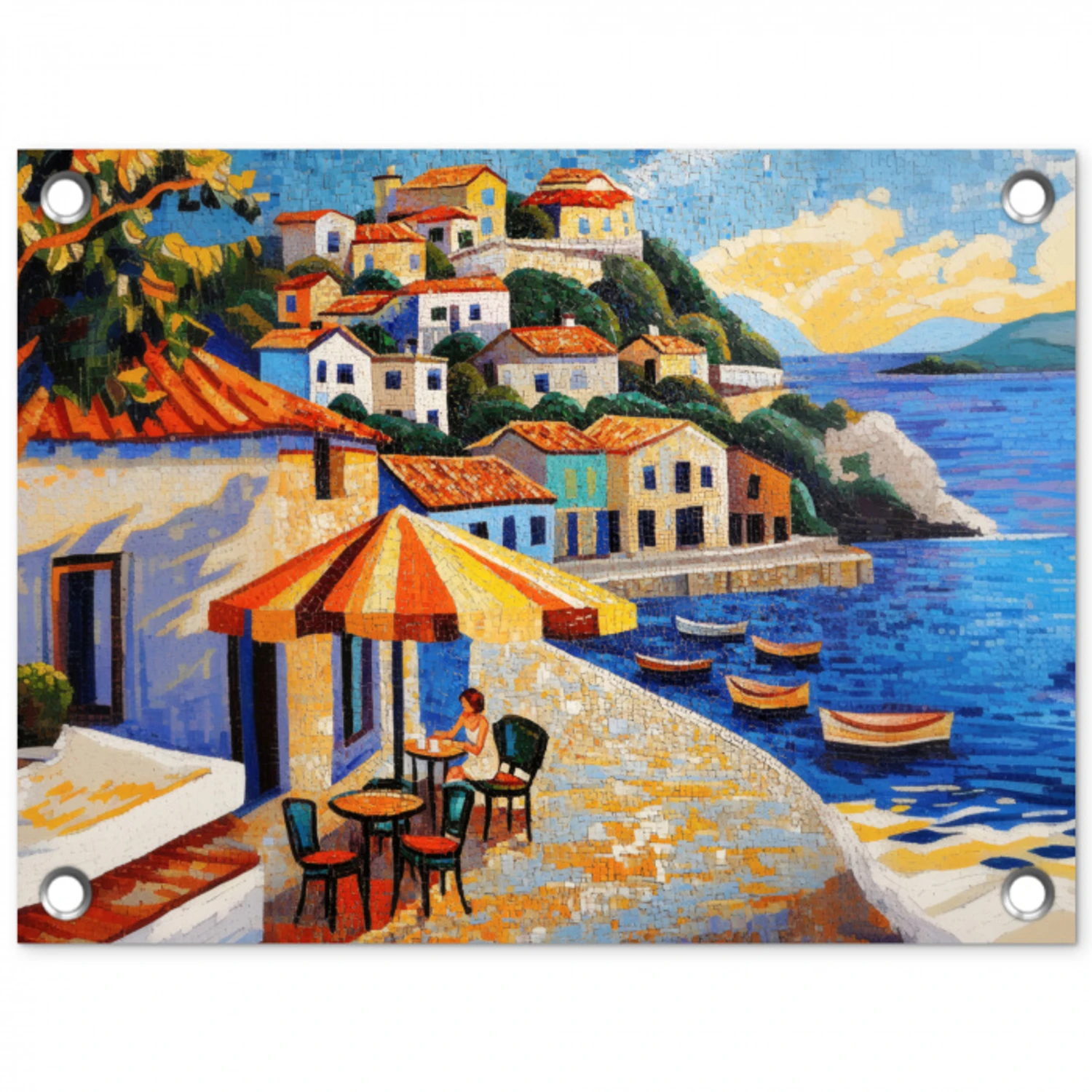 Kustdorp - Huisjes - Mozaïek - Zee tuinposter los doek klein -3d