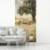 Houten bankje - Bloempotten - Landschap fotobehang vinyl groot -woonkamer
