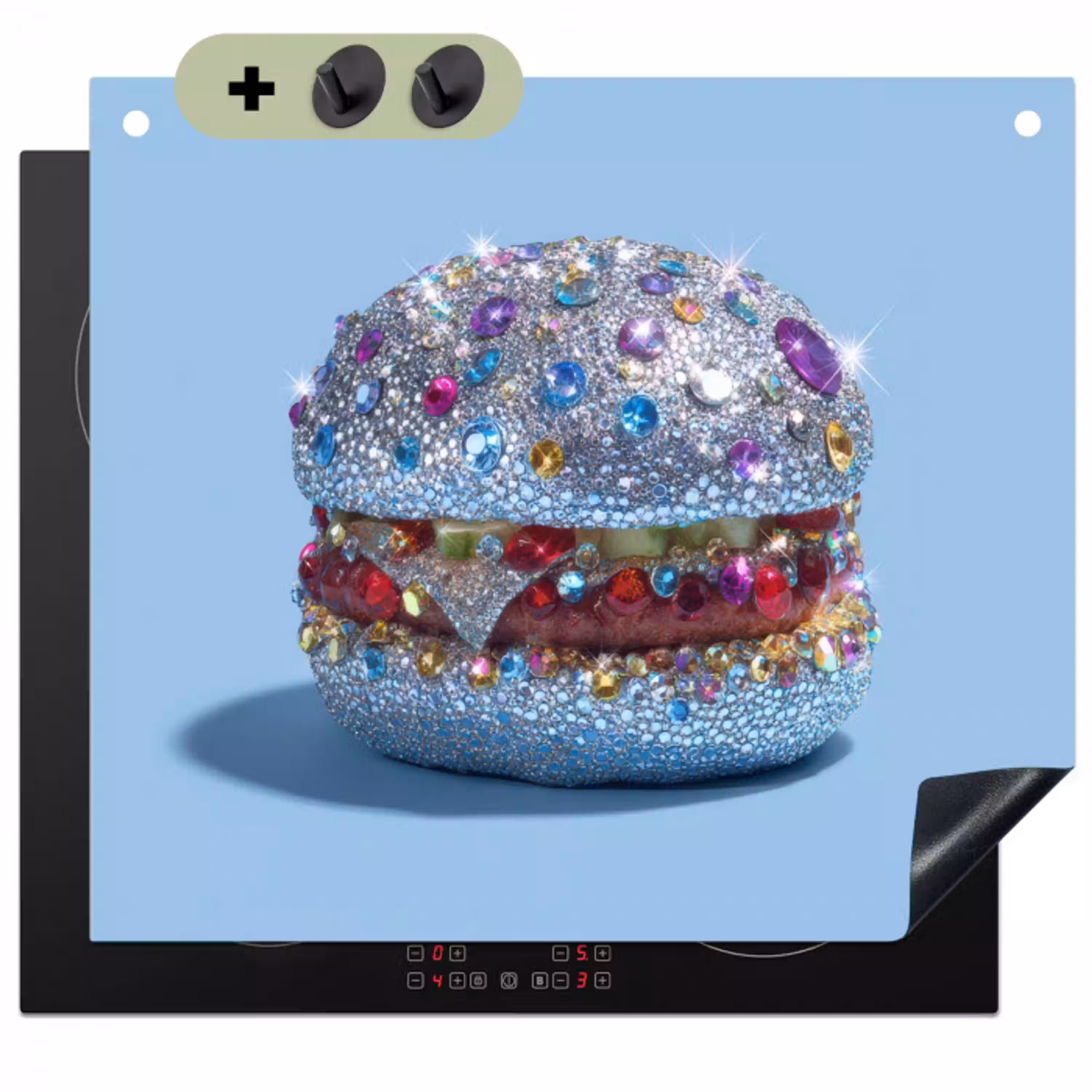 Glitters - Hamburger - Blauw Inductie beschemer met haakjes klein -3d