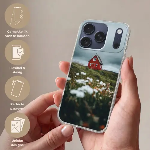 Heuvel - Huisje - Bloemen - Wit Telefoonhoesje iPhone 17 Pro klein -sfeer3_NL