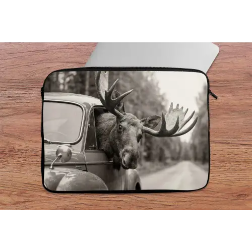 Eland - Auto - Gewei - Zwart - Wit laptophoes neopreen klein -tafel