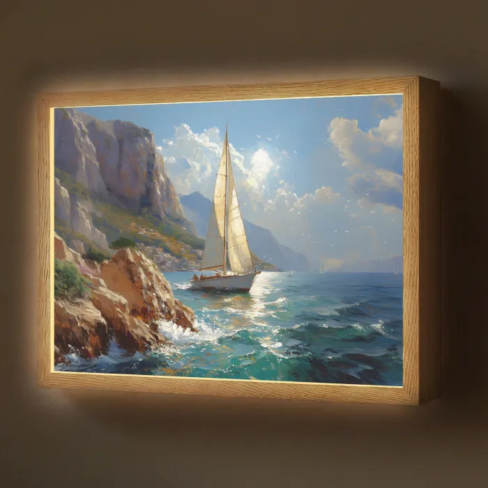 Zeilschip - Zee - Rotsen - Wolken Light Box met batterij (Wandlamp) middel -z3d_website