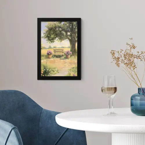 Houten bankje - Bloempotten - Landschap fotolijst zwart zonder passe partout klein -sfeer4