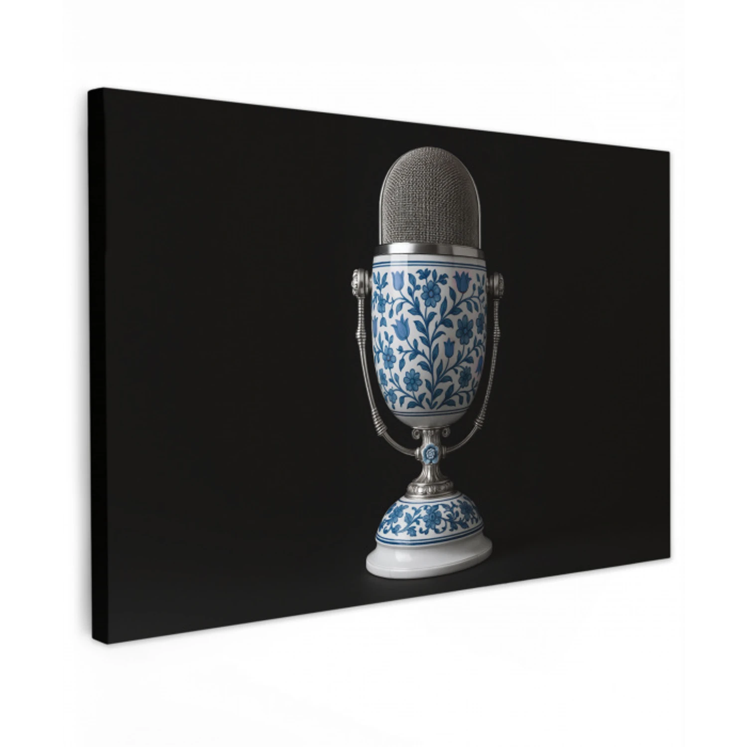 Microfoon - Delfts blauw - Muziek Tuinposter op houten frame 2 cm dik klein -3d