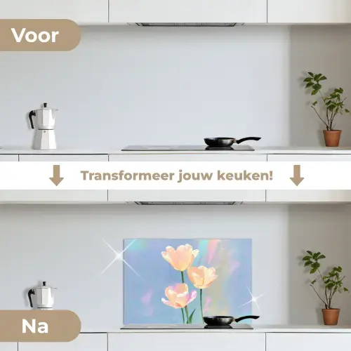 Tulpen - Roze accenten - Blauw keuken achterwand spatscherm klein -voor_na_NL