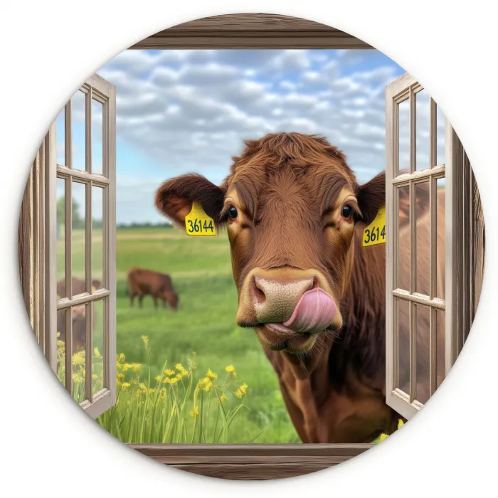 Doorkijk - Koe - Weiland - Landschap - Dieren Wandcirkel plexiglas klein -3d